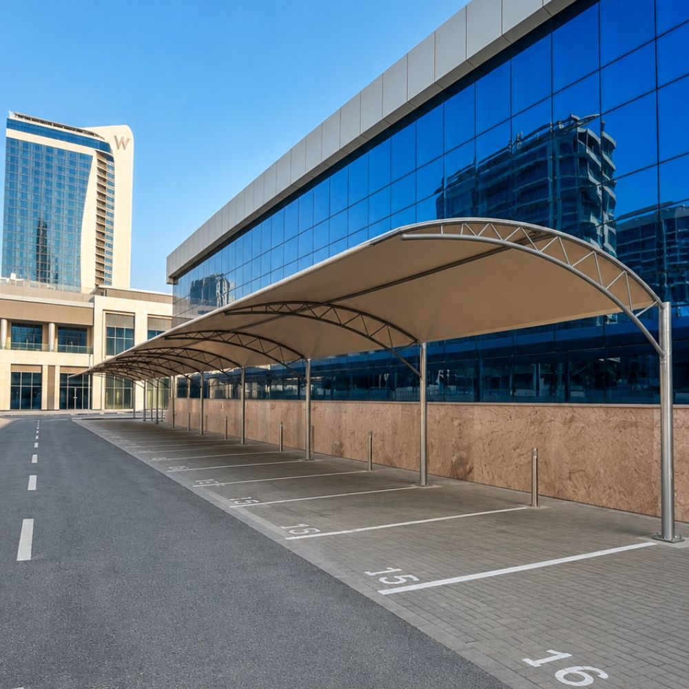 Modern tensile car parking shade canopy for commercial parking in Dubai, UAE