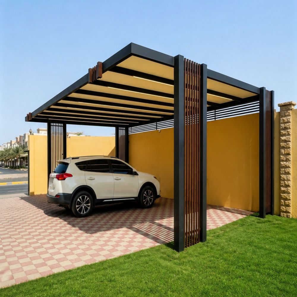 Modern aluminum carport with flat roof and decorative slatted panels for residential parking in the UAE