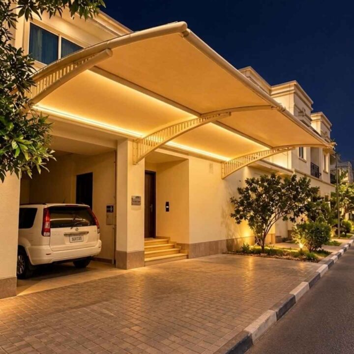 Modern night view of an arched fabric two car parking shade in Abu Dhabi with built-in strip lighting
